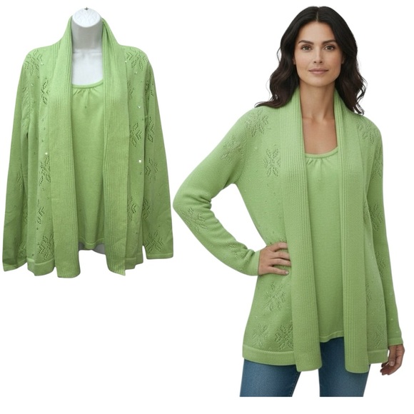 NEW Quacker Factory Snowflake Lime Green Mock 2PC Cardigan Sweater Womens Large - Picture 1 of 15